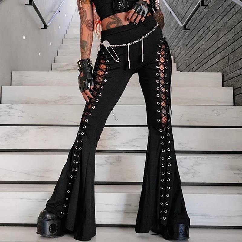 Y2K Grunge Streetwear Black Bandage Trousers - Cyber Gothic Punk Flare Pants Women Emo High Waist