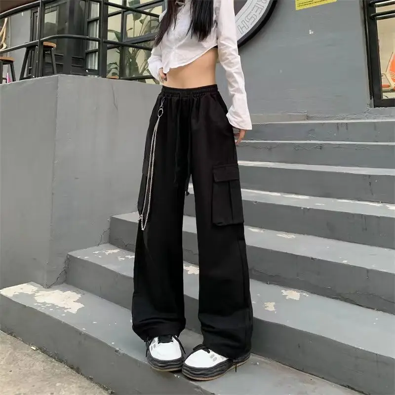 Y2K Grunge Streetwear Cargo Pants with Chain - Oversize Black High Waist Straight Trousers