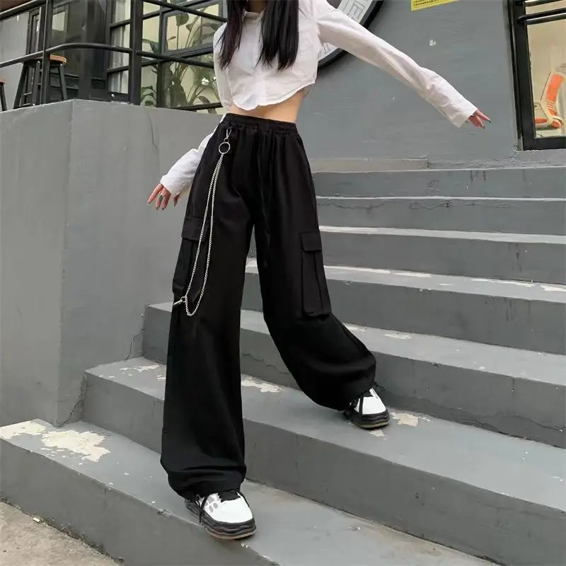 Y2K Grunge Streetwear Cargo Pants with Chain - Oversize Black High Waist Straight Trousers