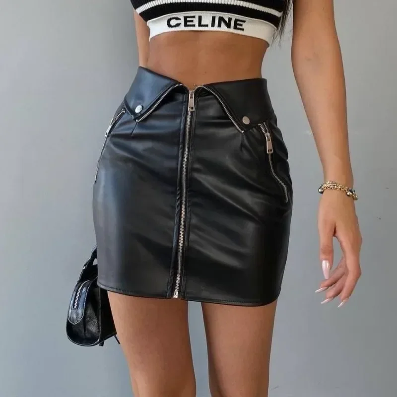 Y2K Grunge Streetwear PU Leather Zip-Up Skirt - High-Waist Bodycon Mini Dress