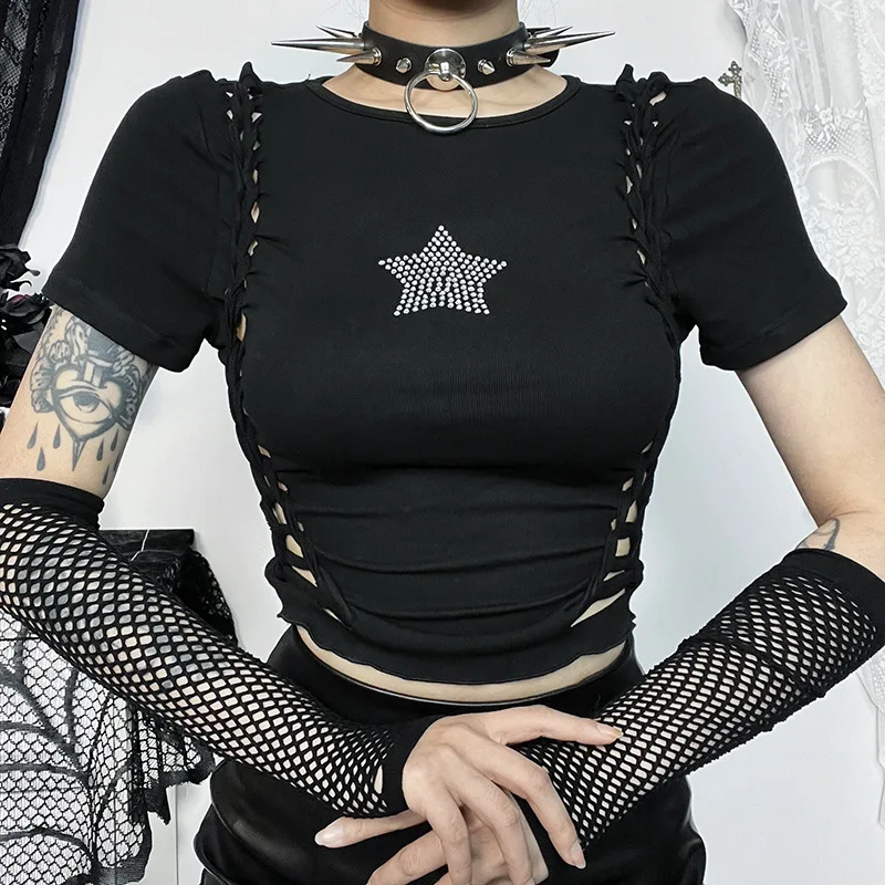 Y2K Grunge Streetwear Rhinestone Crop Top - Gothic Hollow Out Tee