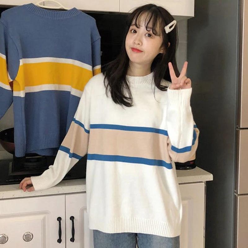 Y2K Grunge Stripe Knit Sweater - O Neck Pullover for Women