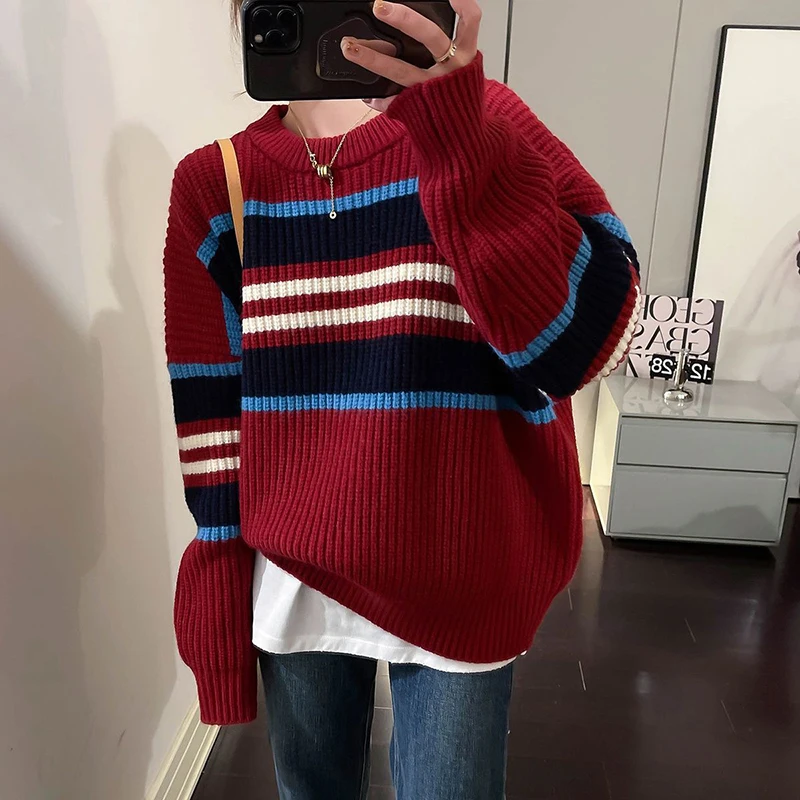 Y2K Grunge Stripe Knit Sweater - Retro Casual O Neck Pullover