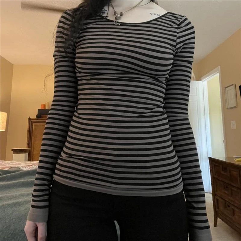 Y2K Grunge Striped Long Sleeve Top - Vintage Punk Gothic Aesthetic Tee