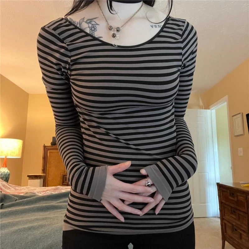 Y2K Grunge Striped Long Sleeve Top - Vintage Punk Gothic Aesthetic Tee