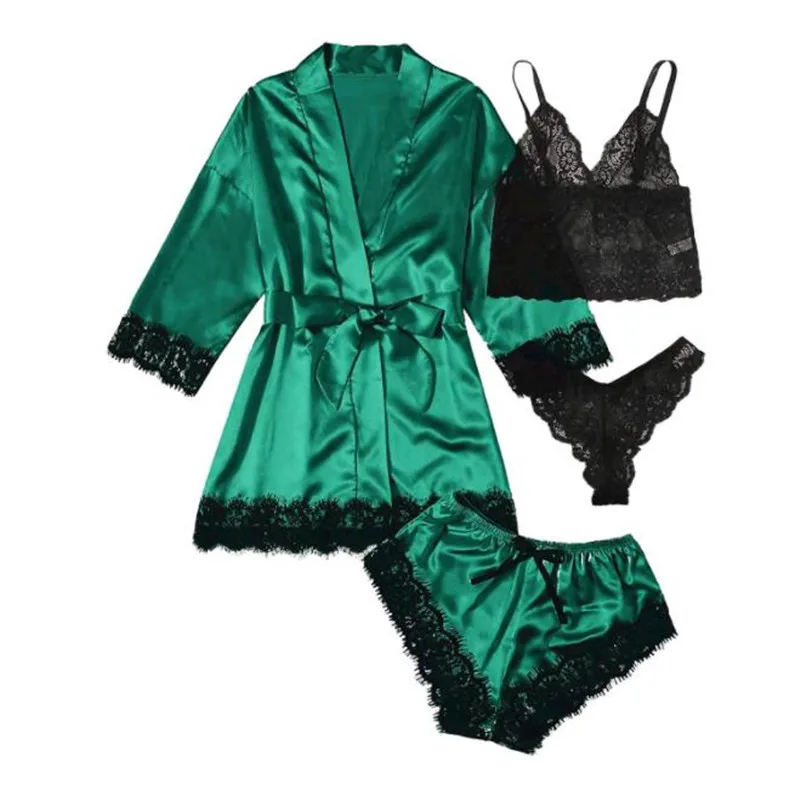 Y2K Grunge Style 4-Piece Women's Sleepwear Set with Lace Hem