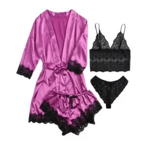 Y2K Grunge Style 4-Piece Women's Sleepwear Set with Lace Hem