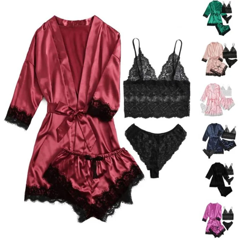 Y2K Grunge Style 4-Piece Women's Sleepwear Set with Lace Hem