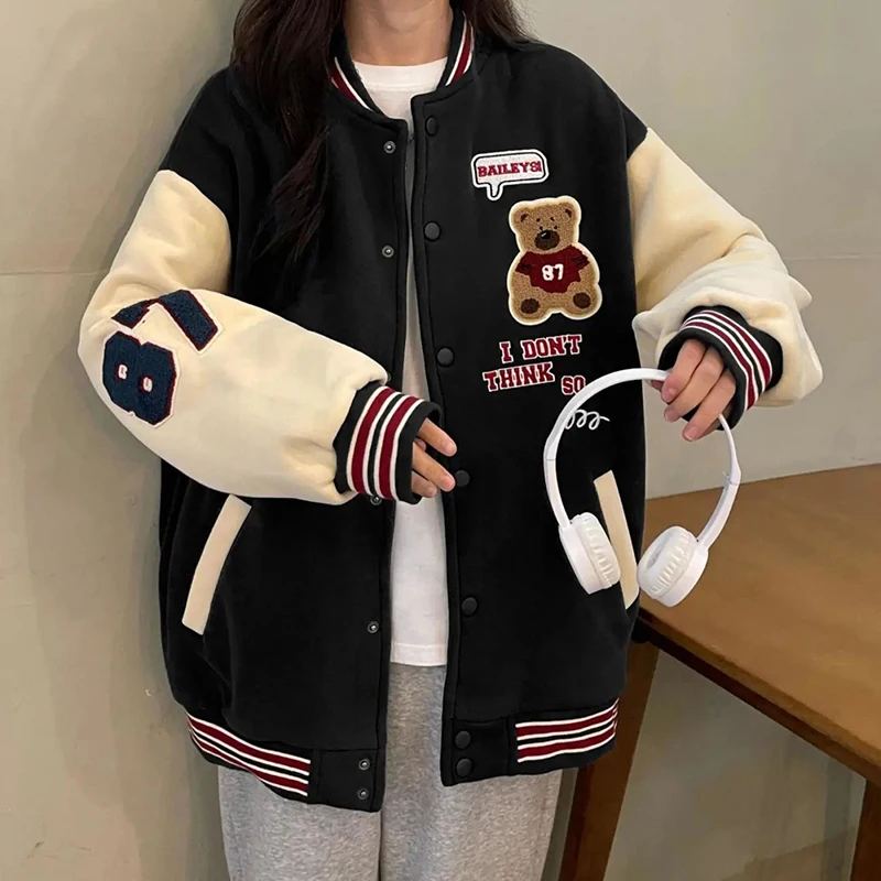 Y2K Grunge Style Baseball Jacket with Cute Bear Embroidery