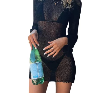 Y2K Grunge Style Beach Cover-Up Knitted Mini Dress - Women's Sexy Backless Swimwear Sunscreen Dress