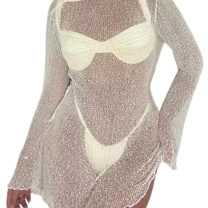 Y2K Grunge Style Beach Cover-Up Knitted Mini Dress - Women's Sexy Backless Swimwear Sunscreen Dress