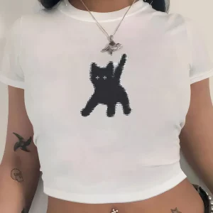 Y2K Grunge Style Black Cat Crop Top - Short Sleeve Tee