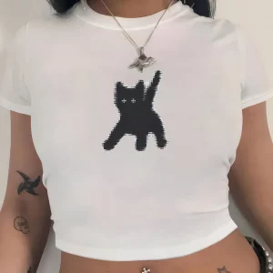 Y2K Grunge Style Black Cat Crop Top - Short Sleeve Tee