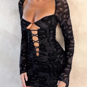 Y2K Grunge Style Black Floral Lace Dress - V-Neck Long Sleeve Backless Mini Dress for Women - Sexy