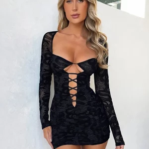 Y2K Grunge Style Black Floral Lace Dress - V-Neck Long Sleeve Backless Mini Dress for Women - Sexy