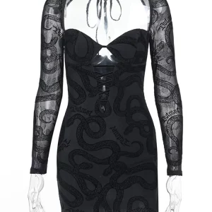 Y2K Grunge Style Black Floral Lace Dress - V-Neck Long Sleeve Backless Mini Dress for Women - Sexy