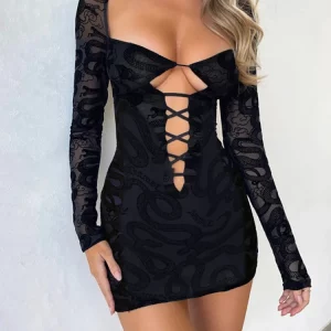 Y2K Grunge Style Black Floral Lace Dress - V-Neck Long Sleeve Backless Mini Dress for Women - Sexy