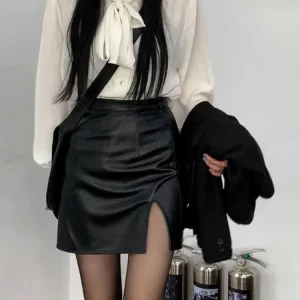 Y2K Grunge Style Black Leather Split Mini Skirt - Punk Streetwear Fashion