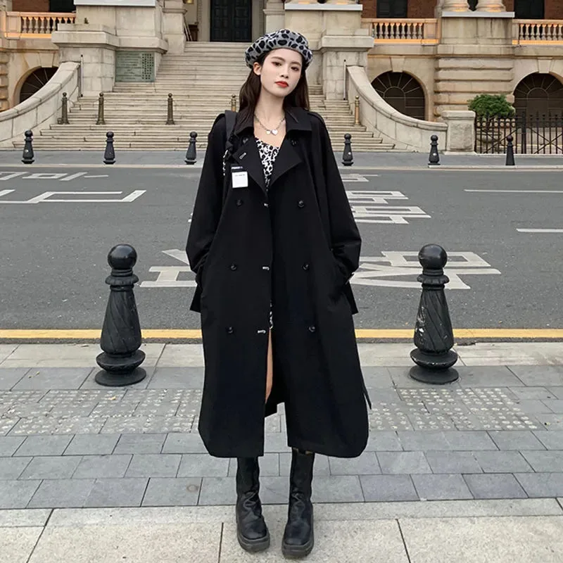 Y2K Grunge Style Black Long Coat - Harajuku Fashion Windbreaker