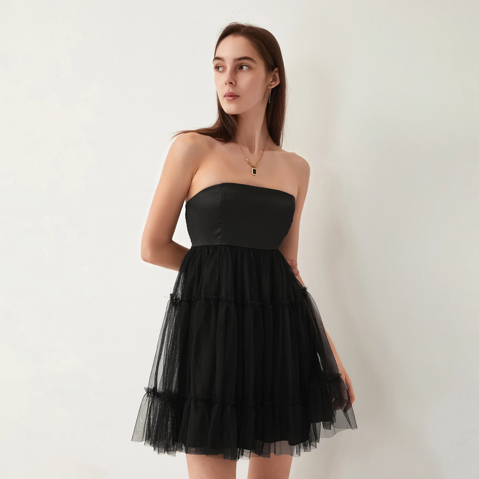 Y2K Grunge Style Black Mesh Patchwork Mini Dress - Strapless Open Back A-Line Tutu Tube Dress