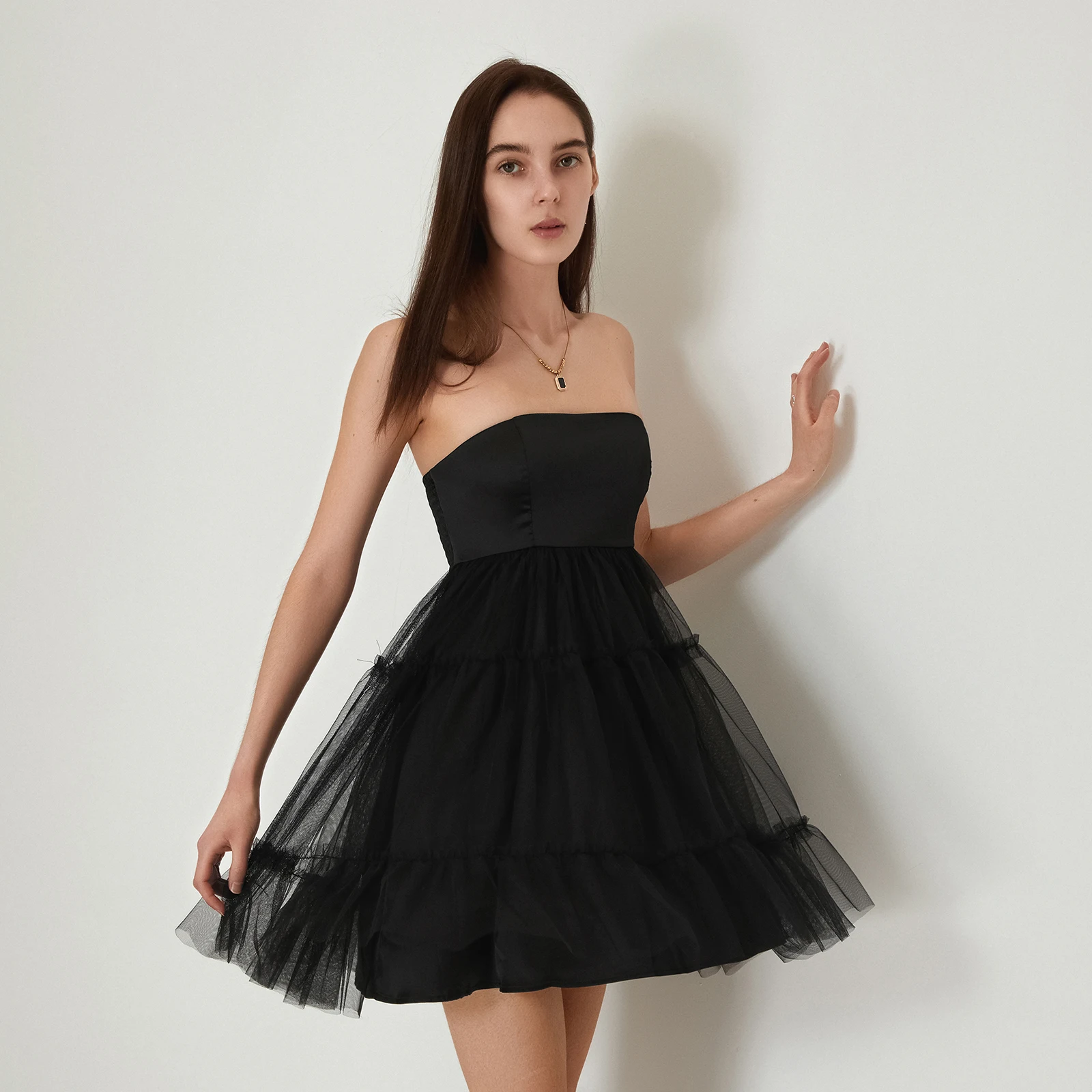 Y2K Grunge Style Black Mesh Patchwork Mini Dress - Strapless Open Back A-Line Tutu Tube Dress