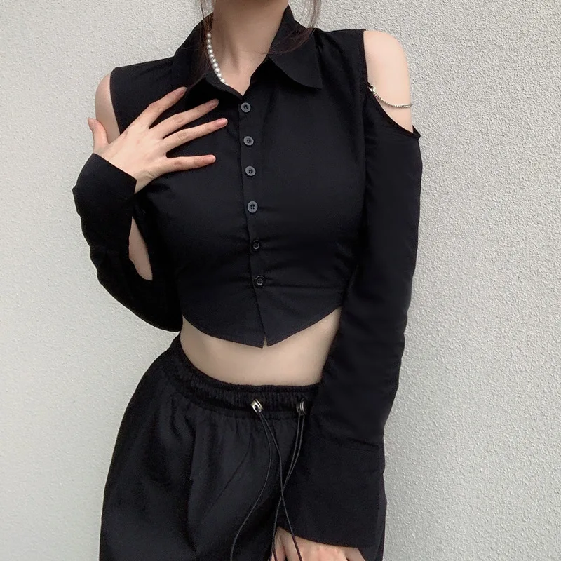 Y2K Grunge Style Black Off-Shoulder Crop Top - Sexy Buttoned Polo-neck Cardigan for Women