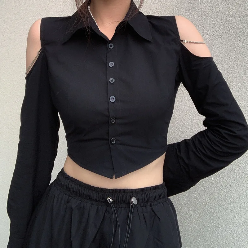 Y2K Grunge Style Black Off-Shoulder Crop Top - Sexy Buttoned Polo-neck Cardigan for Women