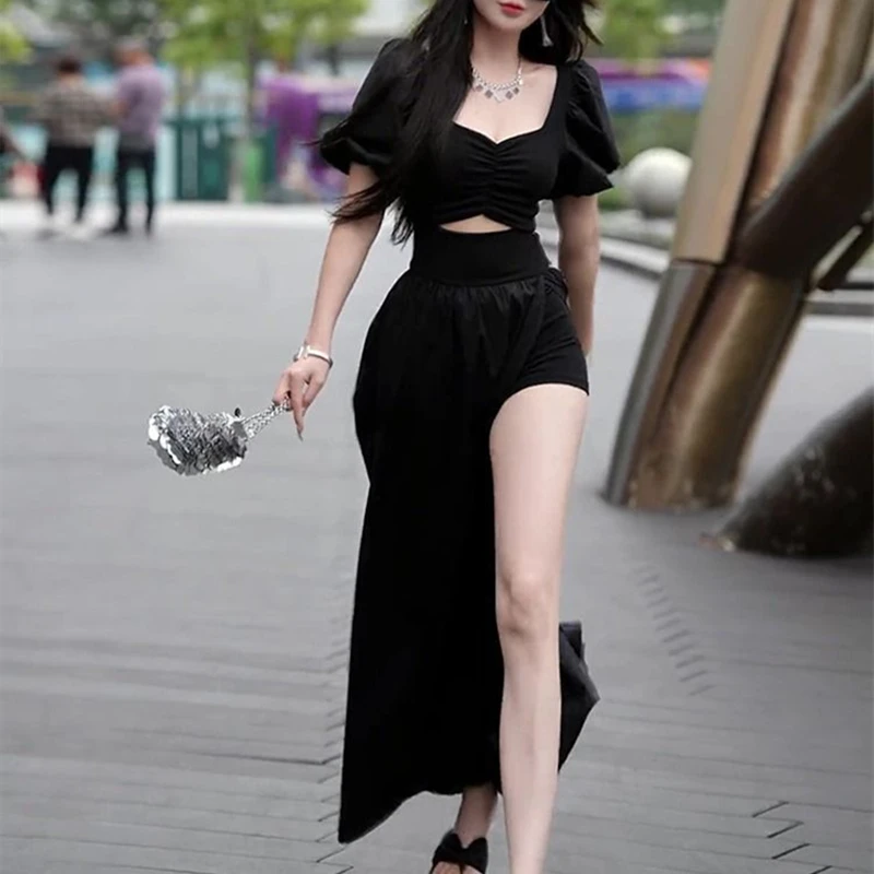 Y2K Grunge Style Black Split Bishop Sleeve Dress