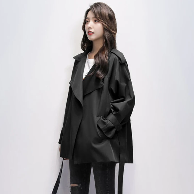 Y2K Grunge Style Black Trench Coat - Lace-Up Windbreaker for Women