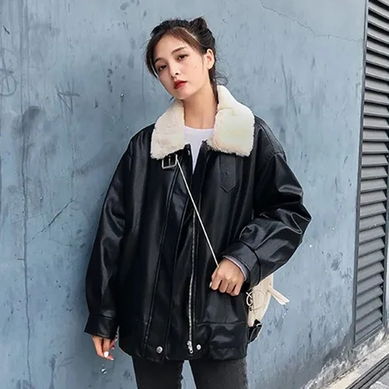 Y2K Grunge Style Black Wool Jacket - Oversized Faux Fur Coat for Women - Streetwear Fashion