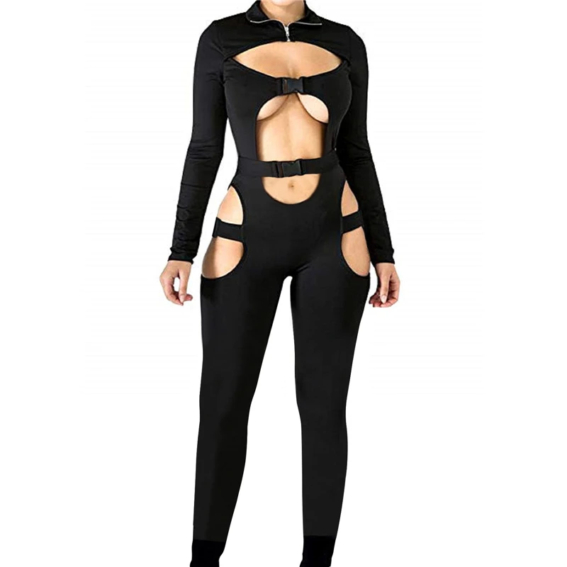 Y2K Grunge Style Bodycon Jumpsuit with High Neck and Buckle Detail