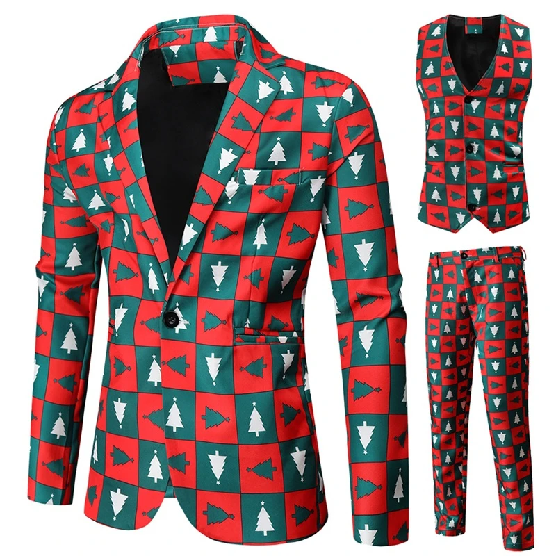 Y2K Grunge Style Christmas Tuxedo Suit Set - Tree Print Blazer Pants Vest