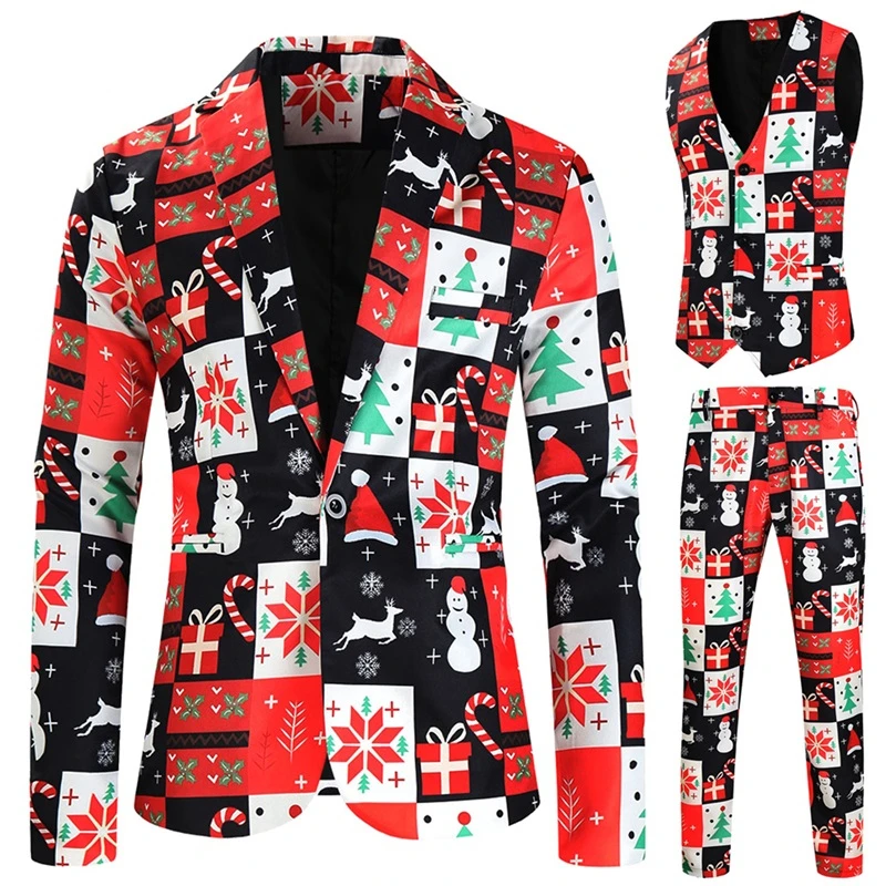 Y2K Grunge Style Christmas Tuxedo Suit Set - Tree Print Blazer Pants Vest