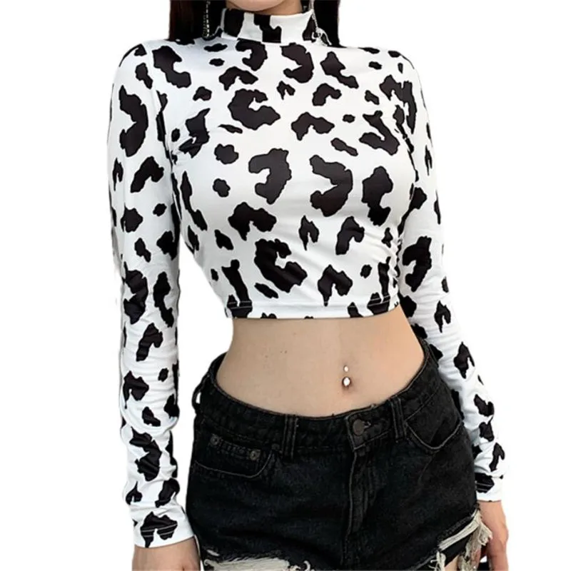 Y2K Grunge Style Crop Top: Cow Print Turtleneck Blouse