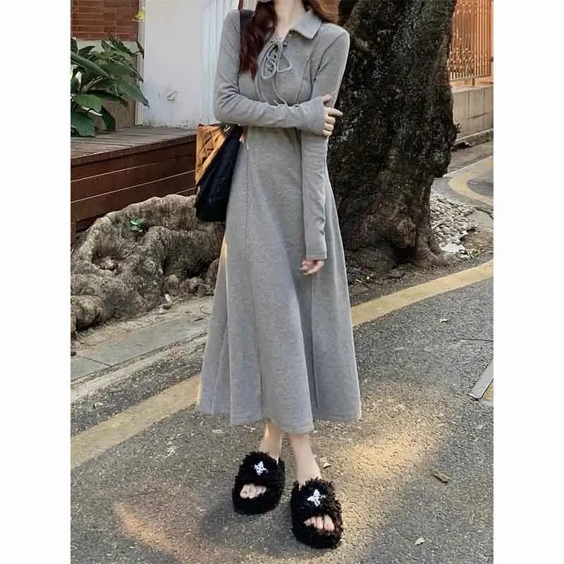 Y2K Grunge Style Drawstring Midi Dress - Harajuku Knit Long Sleeve Preppy Outfit