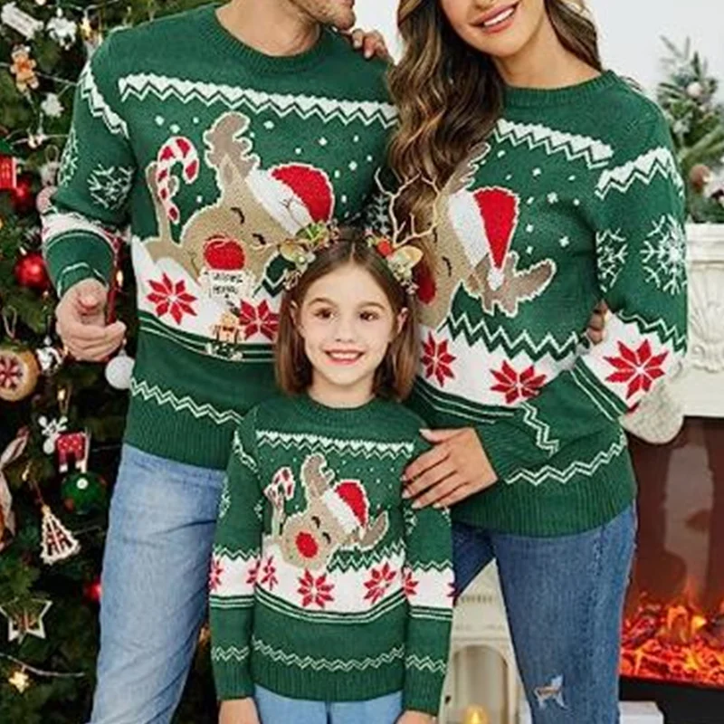 Y2K Grunge Style Elk Print Matching Christmas Sweater