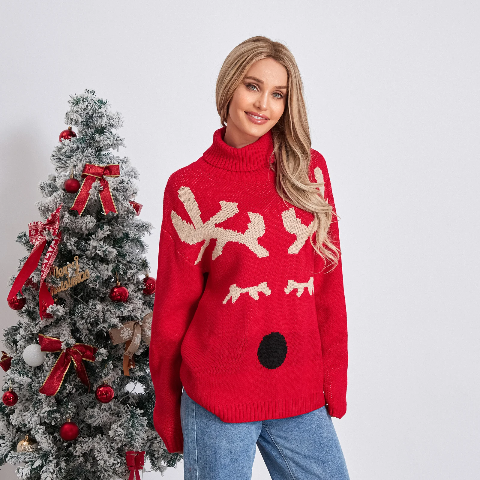 Y2K Grunge Style Elk Print Sweater - Vintage Christmas Pullover