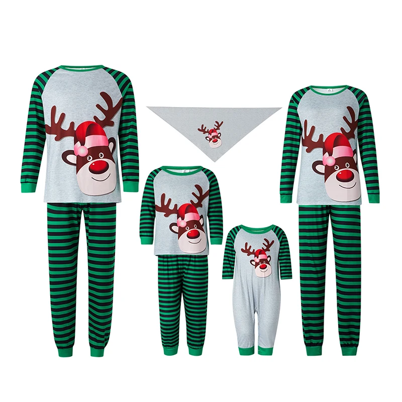 Y2K Grunge Style Family Pajama Set - Elk Print Tops + Striped Pants