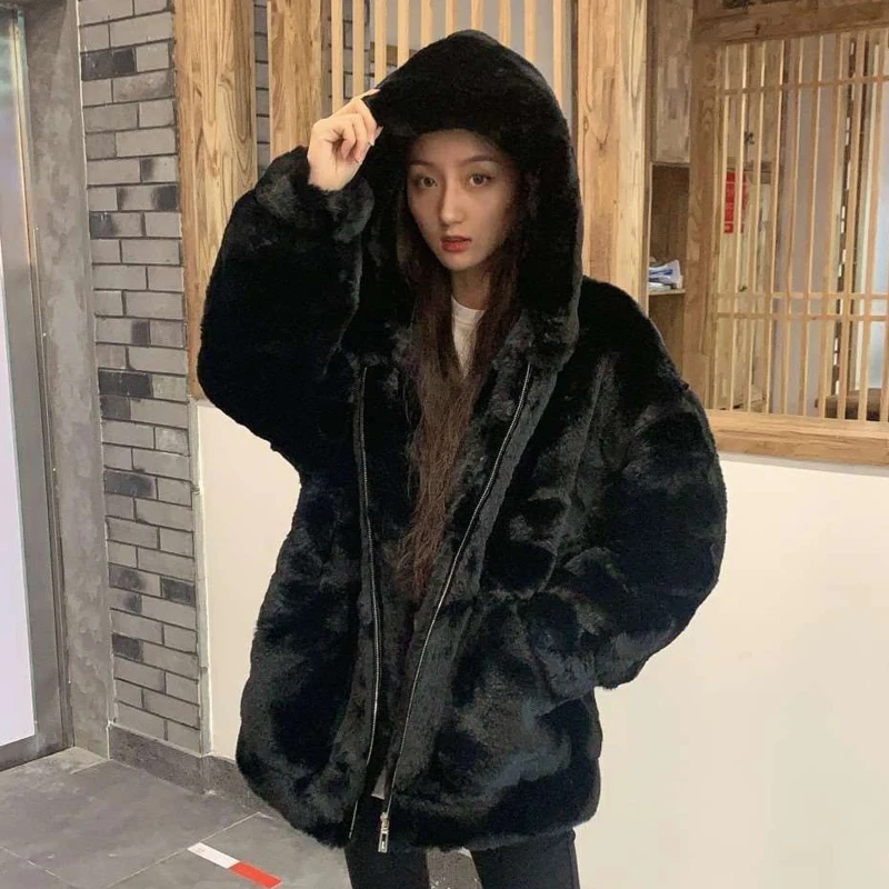 Y2K Grunge Style Faux Fur Coat with Belt - Black & Gray