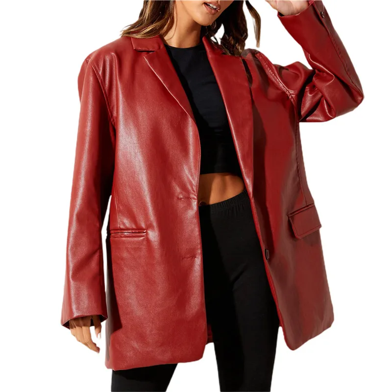 Y2K Grunge Style Faux Leather Blazer - Streetwear Jacket with Flap Pockets