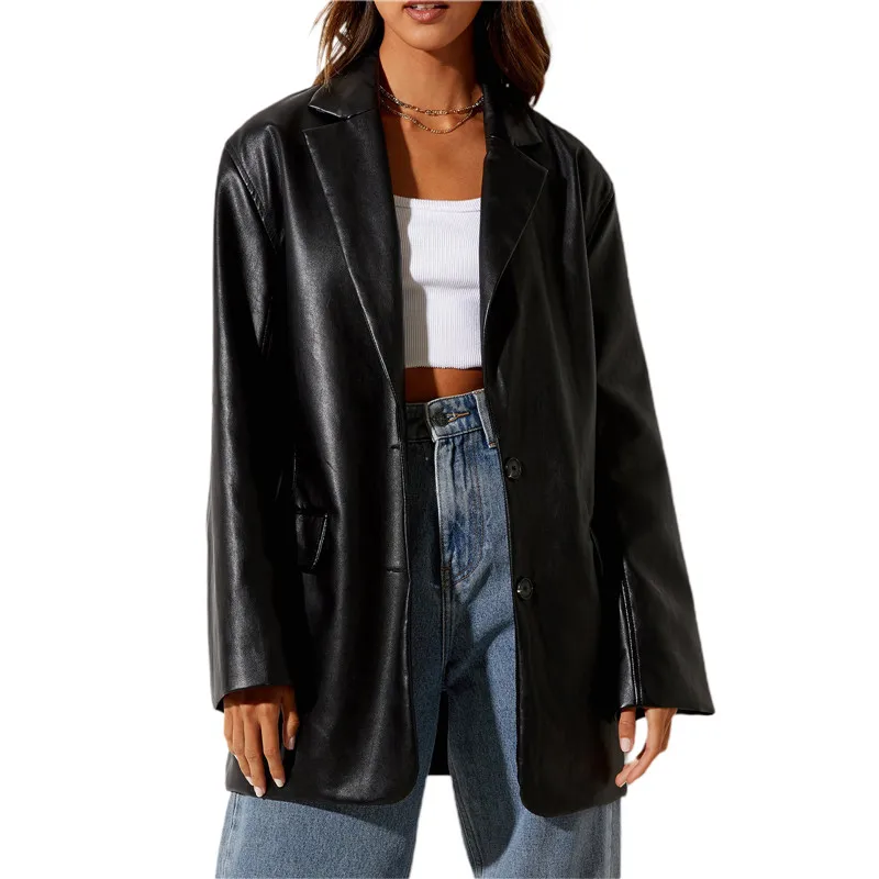 Y2K Grunge Style Faux Leather Blazer - Streetwear Jacket with Flap Pockets