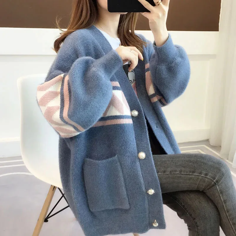 Y2K Grunge Style Faux Mink Fleece Cardigan - Korean Loose Knitted Sweater with V-