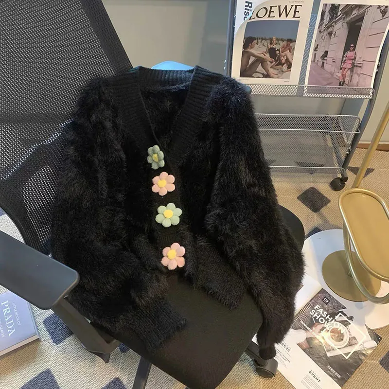 Y2K Grunge Style Faux Mink Fur Cardigan with Flower Buttons