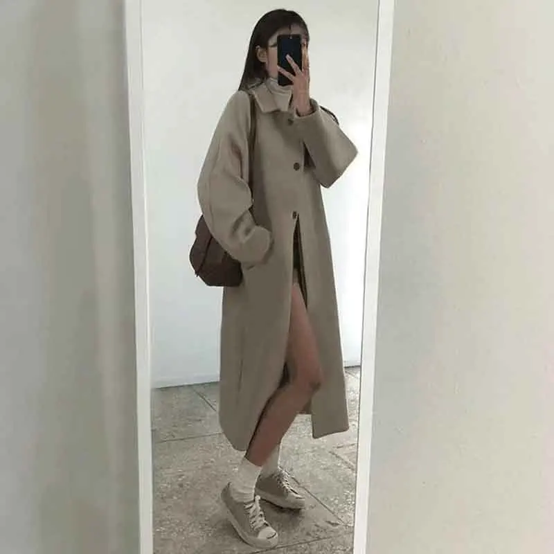 Y2K Grunge Style Faux Wool Long Coat - Korean Winter Fashion