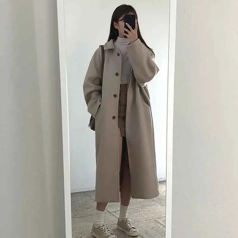 Y2K Grunge Style Faux Wool Long Coat - Korean Winter Fashion