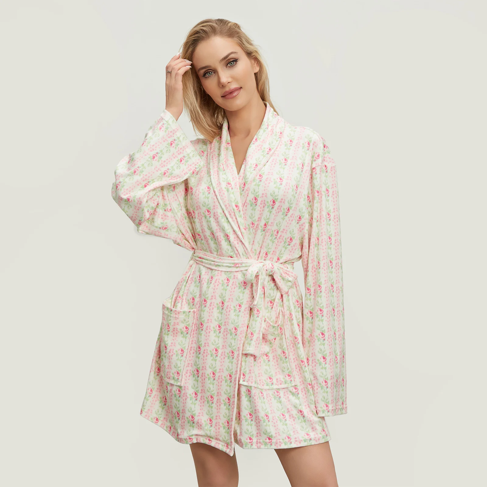 Y2K Grunge Style Floral Nightgown with Belt - Women's Loose Long Sleeve Sleep Robe