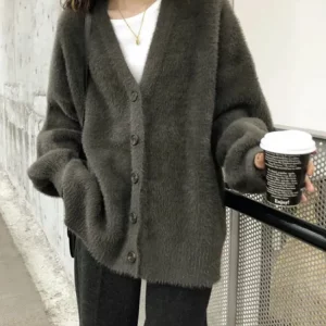 Y2K Grunge Style Fuzzy Mink Fur Cardigan