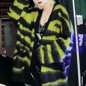 Y2K Grunge Style Green Leopard Mohair Cardigan - V-Neck Knit Jacket