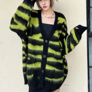 Y2K Grunge Style Green Leopard Mohair Cardigan - V-Neck Knit Jacket