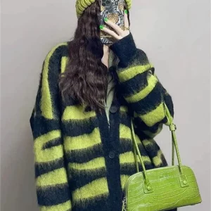 Y2K Grunge Style Green Leopard Mohair Cardigan - V-Neck Knit Jacket